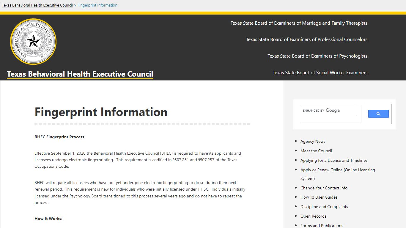 Fingerprint Information – Texas Behavioral Health Executive Council